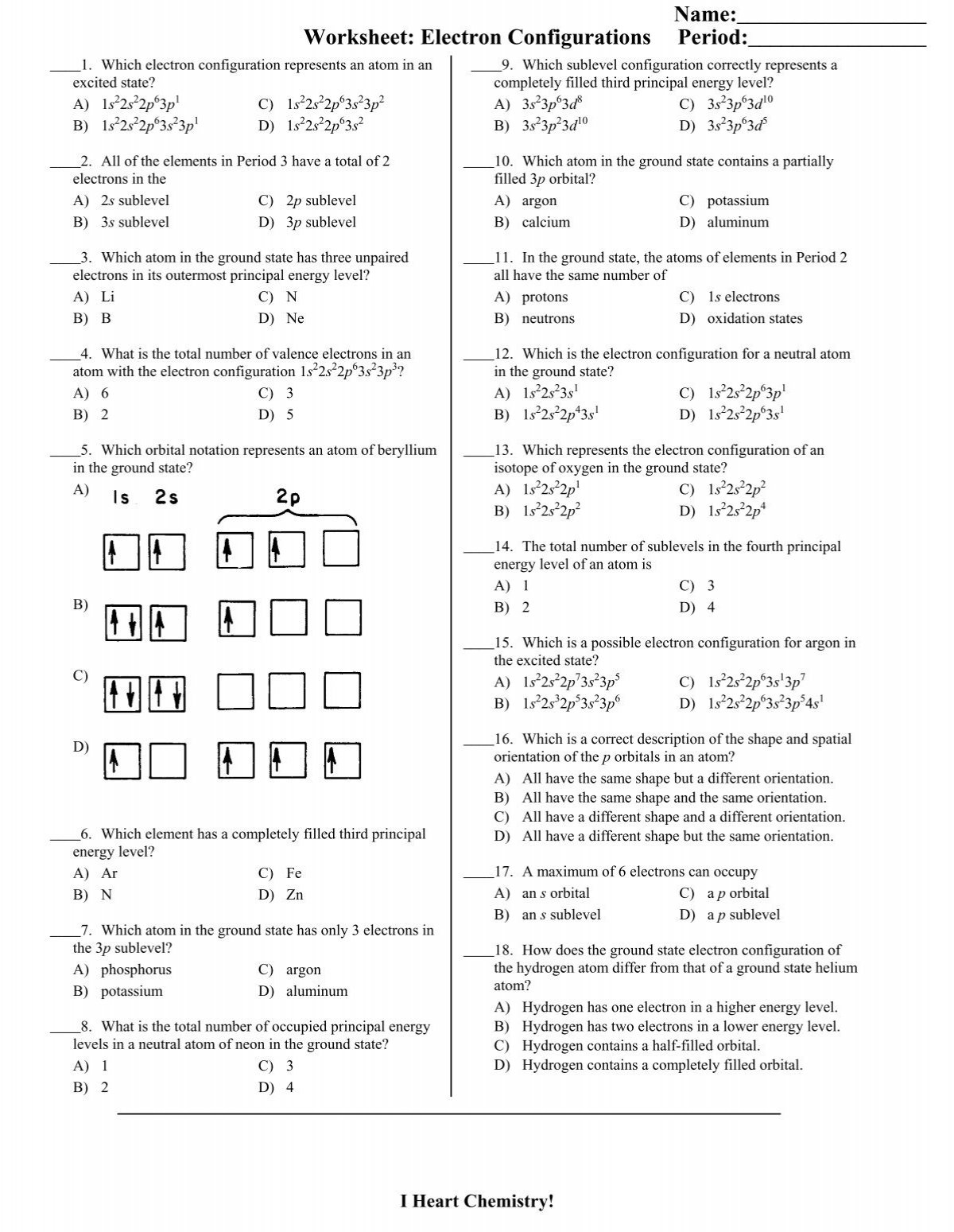 electron configuration worksheet answer key