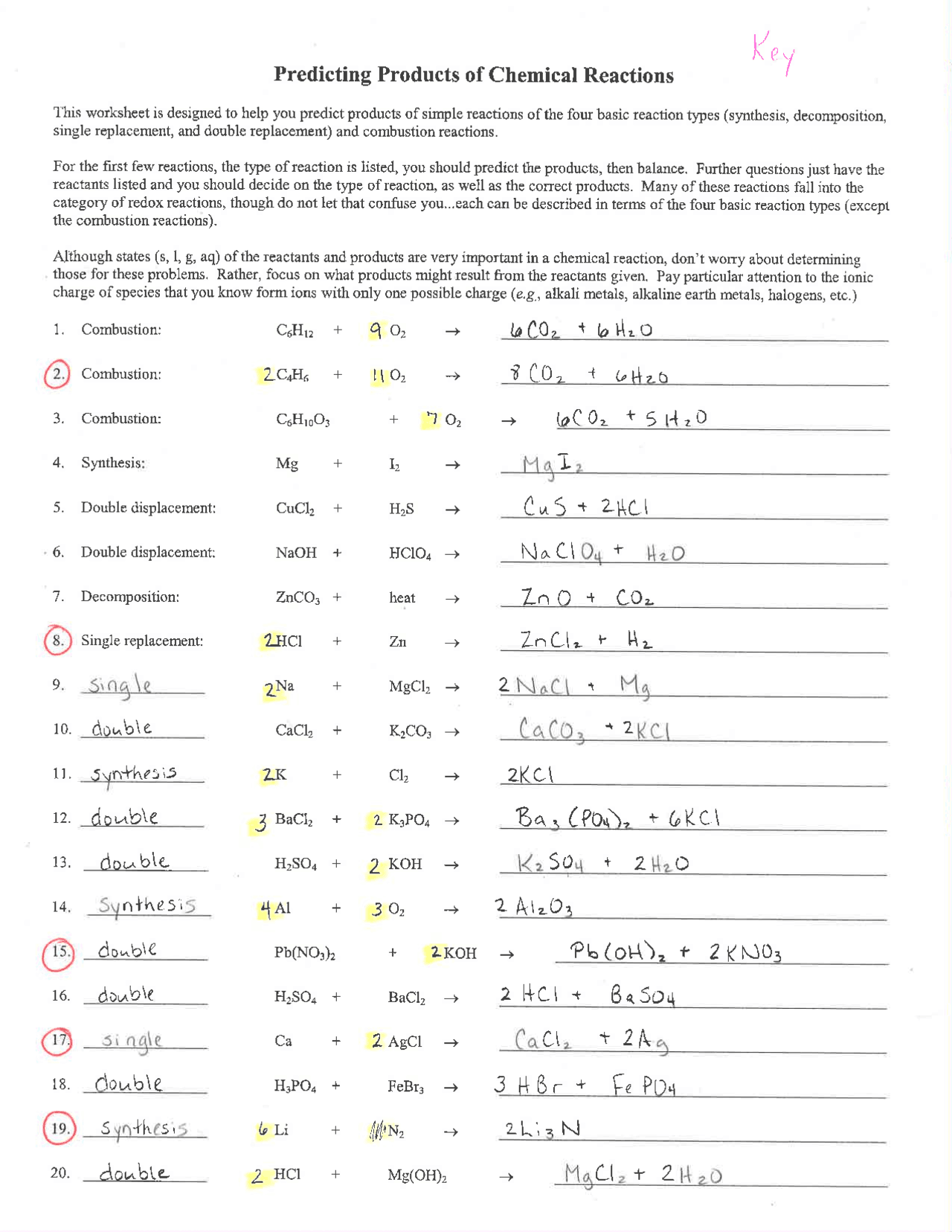 Worksheet Key For Predicting Products Of Chemical Reactions Worksheets Library