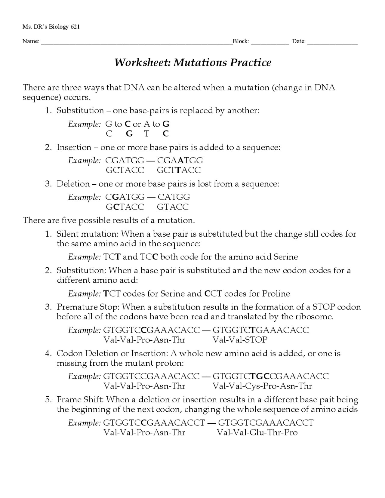 Worksheet Mutations Practice Questions Exercises Genetics Docsity