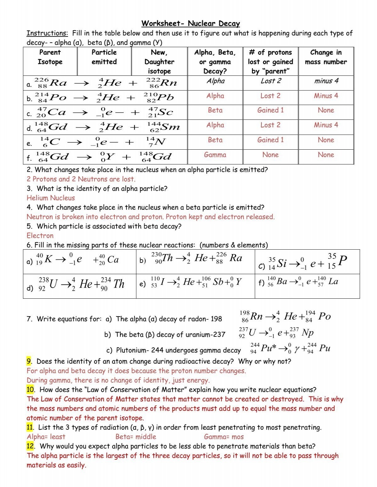 Worksheet Nuclear Decay