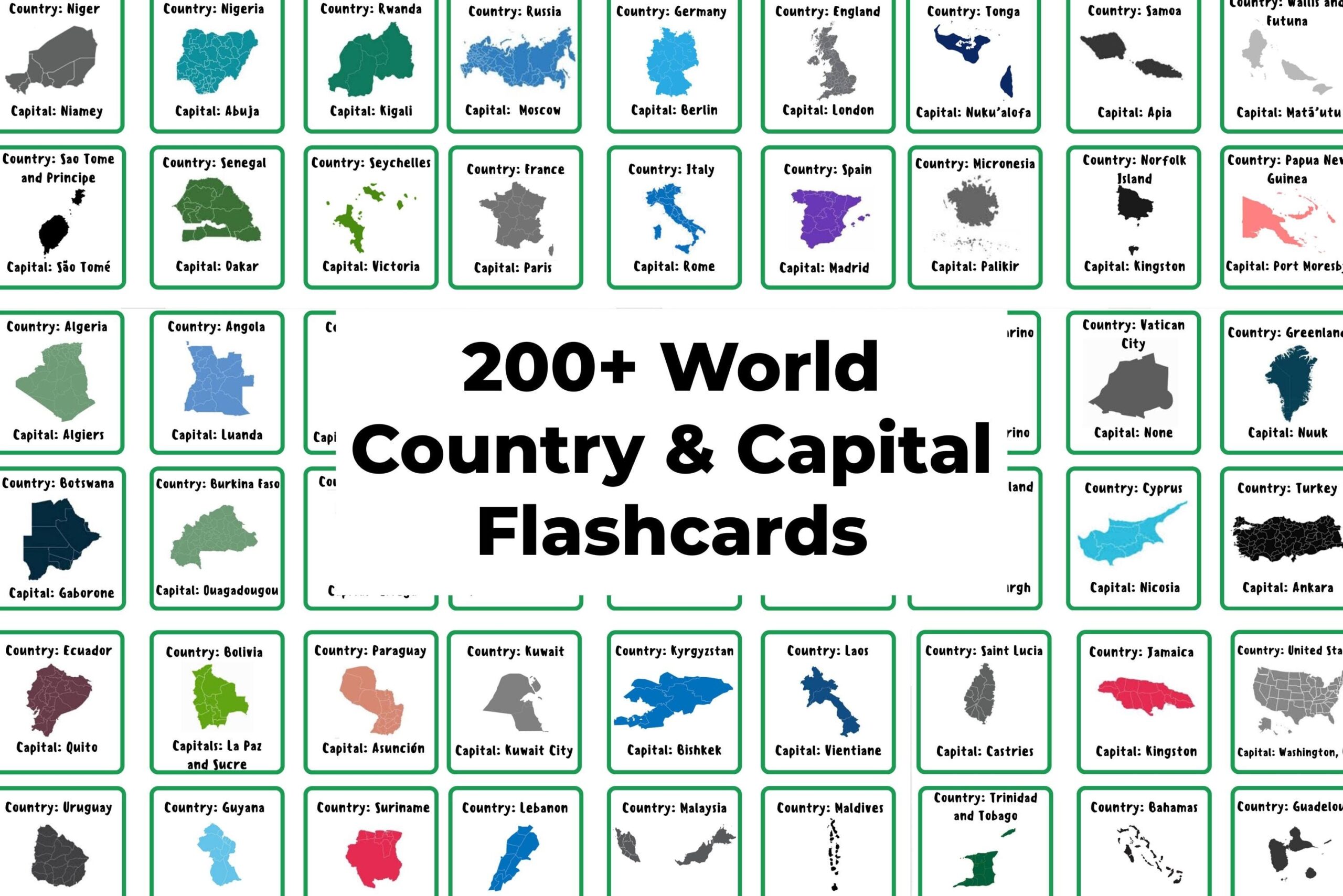 World Capitals Flashcards Countries And Capitals Flash Cards Capitals Of The World Worksheet Capitals Of Europe South America Asia Etsy UK