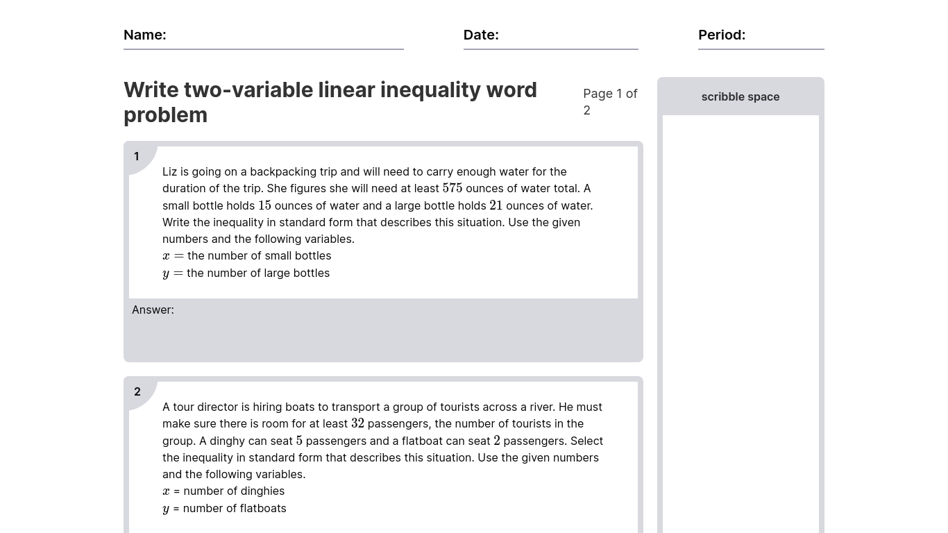 Write Two Variable Linear Inequality Word Problem Worksheets PDF Algebra 2 Math