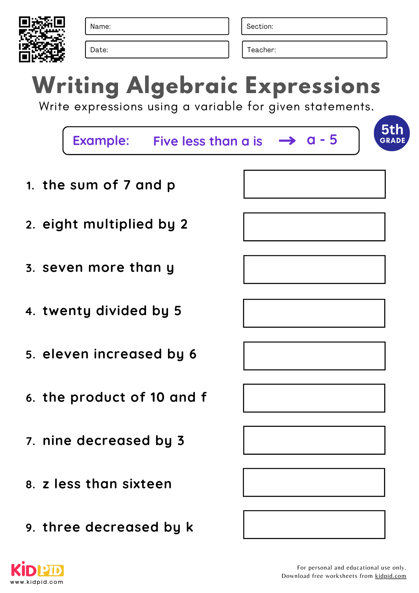 Writing Algebraic Expressions Worksheet For Grade 5 Kidpid