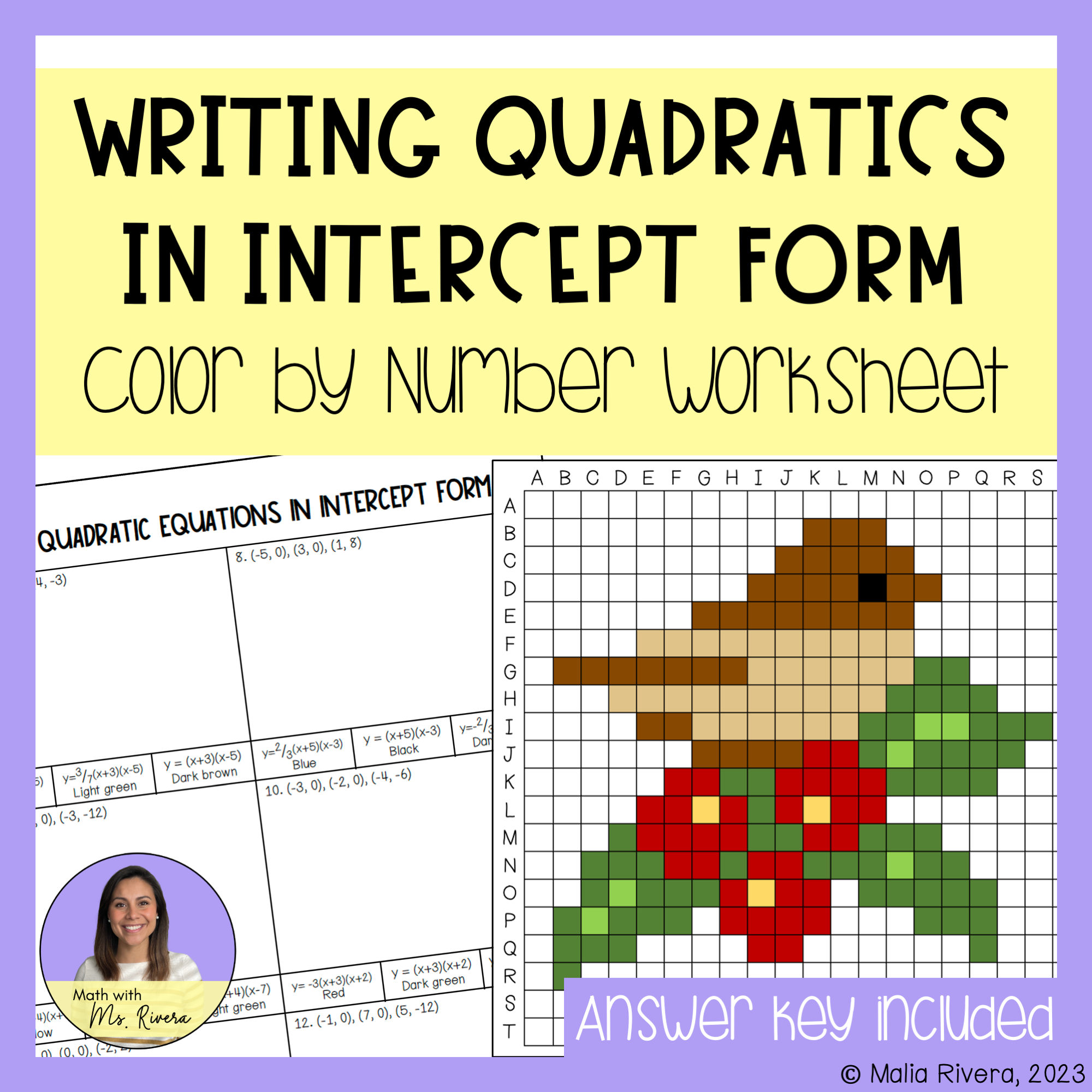 Writing Quadratic Equations In Intercept Form Color By Number Pixel Art Worksheet Made By Teachers