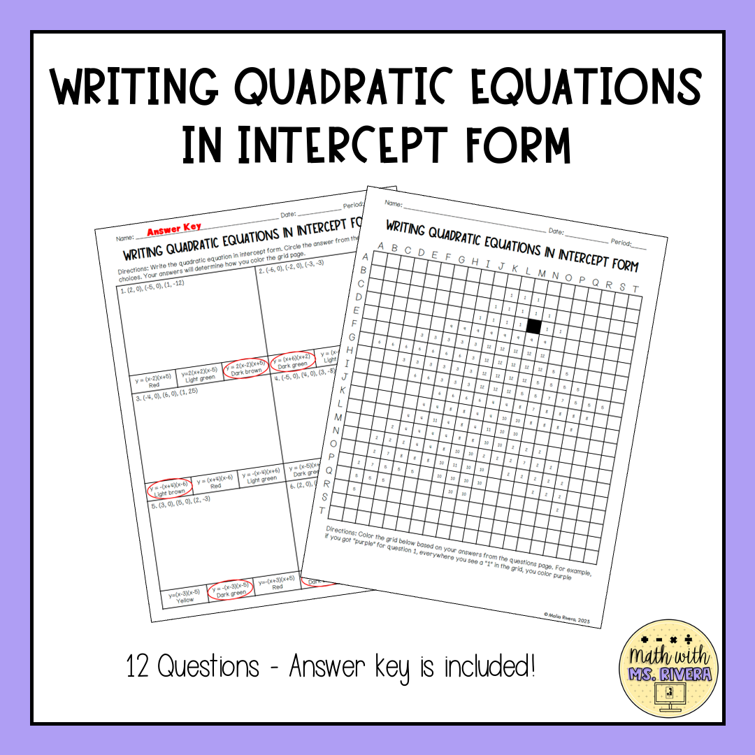 Writing Quadratic Equations In Intercept Form Color By Number Pixel Art Worksheet Made By Teachers