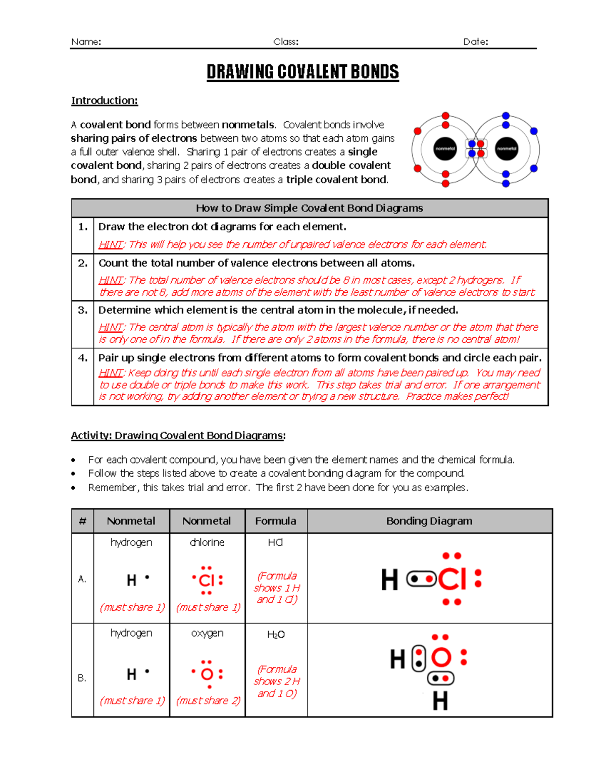 WS Drawing Covalent Bond Diagrams PDF Name Class Date DRAWING COVALENT BONDS Introduction A Studocu