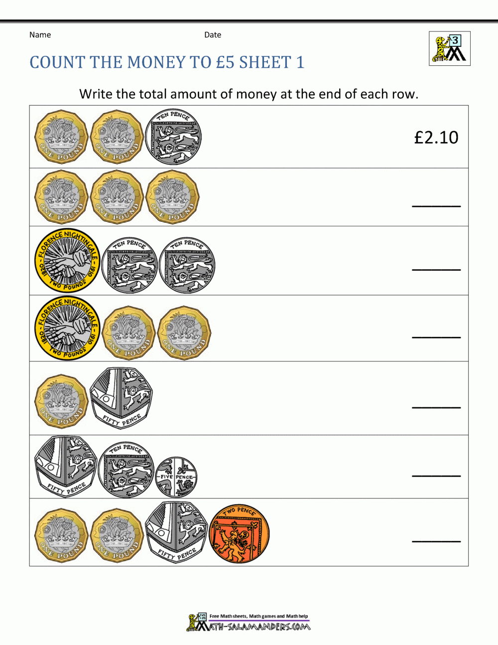 money math worksheet
