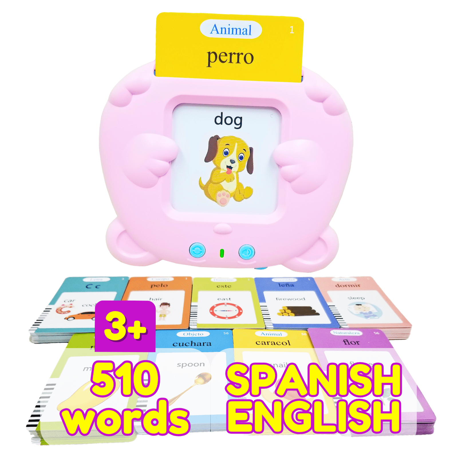 ZEENKIND Spanish English Talking Flashcards For Kids With 510 Bilingual Sight Words Pink ZeenKind
